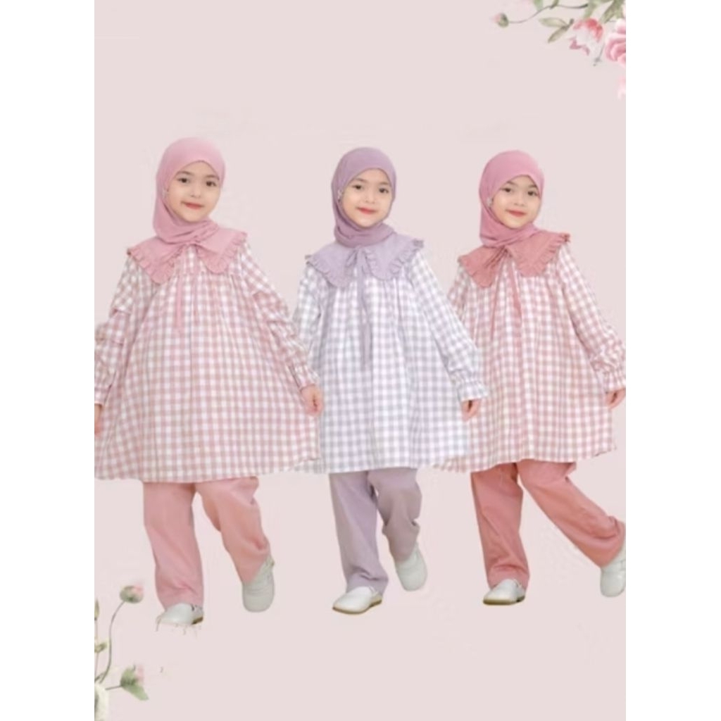 Oneset tunik kotak anak perempuan/setelan anak perempuan motif kotak kotak