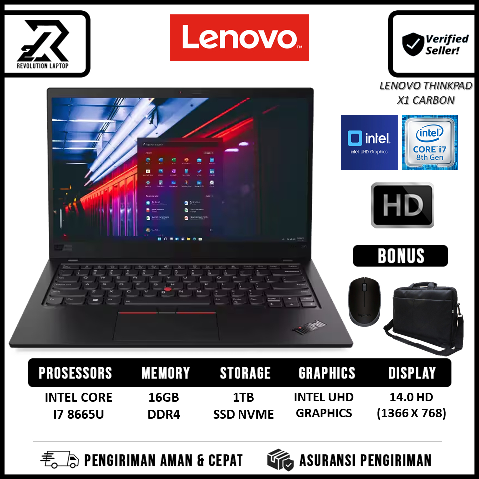 Laptop Slim Lenovo X1 Carbon intel core i7 8665U 16GB 1TB SSD HD 720P Windows 11 Pro Original Black