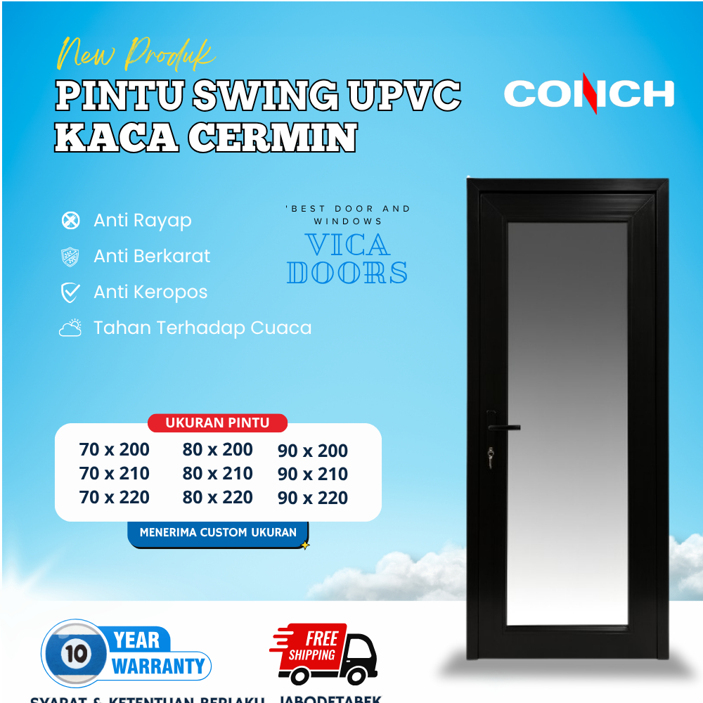 Pintu Swing UPVC Kaca Cermin Luar Dalam Pintu Rumah Modern Minimalist Warna Hitam UPVC Conch