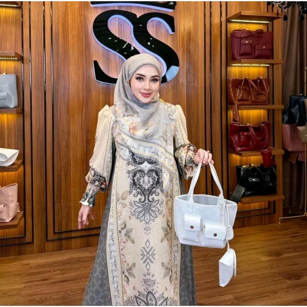 Dress Gamis Set Hijab Shellasaukia Baju Muslim Wanita Dewasa Remaja Lebaran Kondangan Pesta