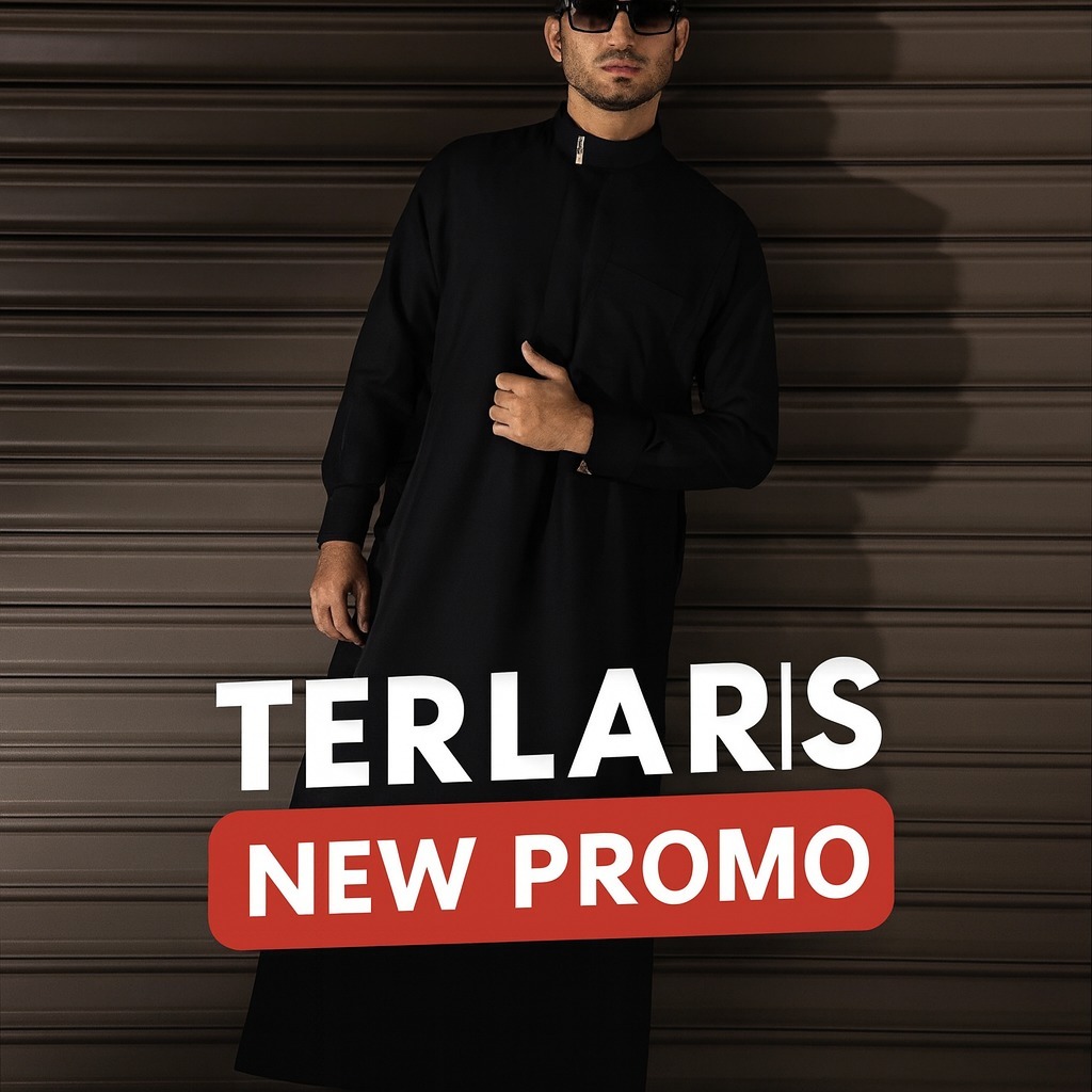 AZLAN Indonesia Thobe Pria Slim Fit Hitam – Lengan Manset (Arabian Silk)