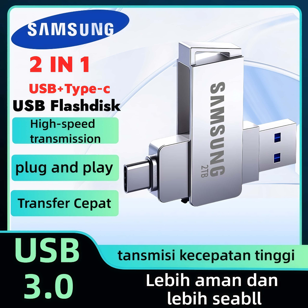 TYPE-C Flashdisk 1TB/2TB OTG USB3.0+Type C Kecepatan Tinggi untuk Ponsel Android/PC/Laptop/Audio