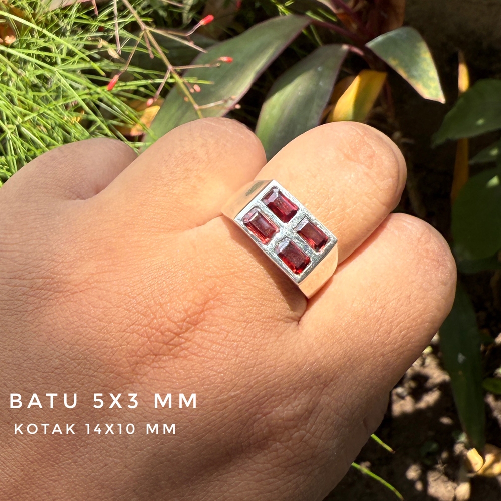 Cincin Ring Perak Silver Bali 925 Polos Kotak Signet Batu permata Garnet Wanita Pria Custom