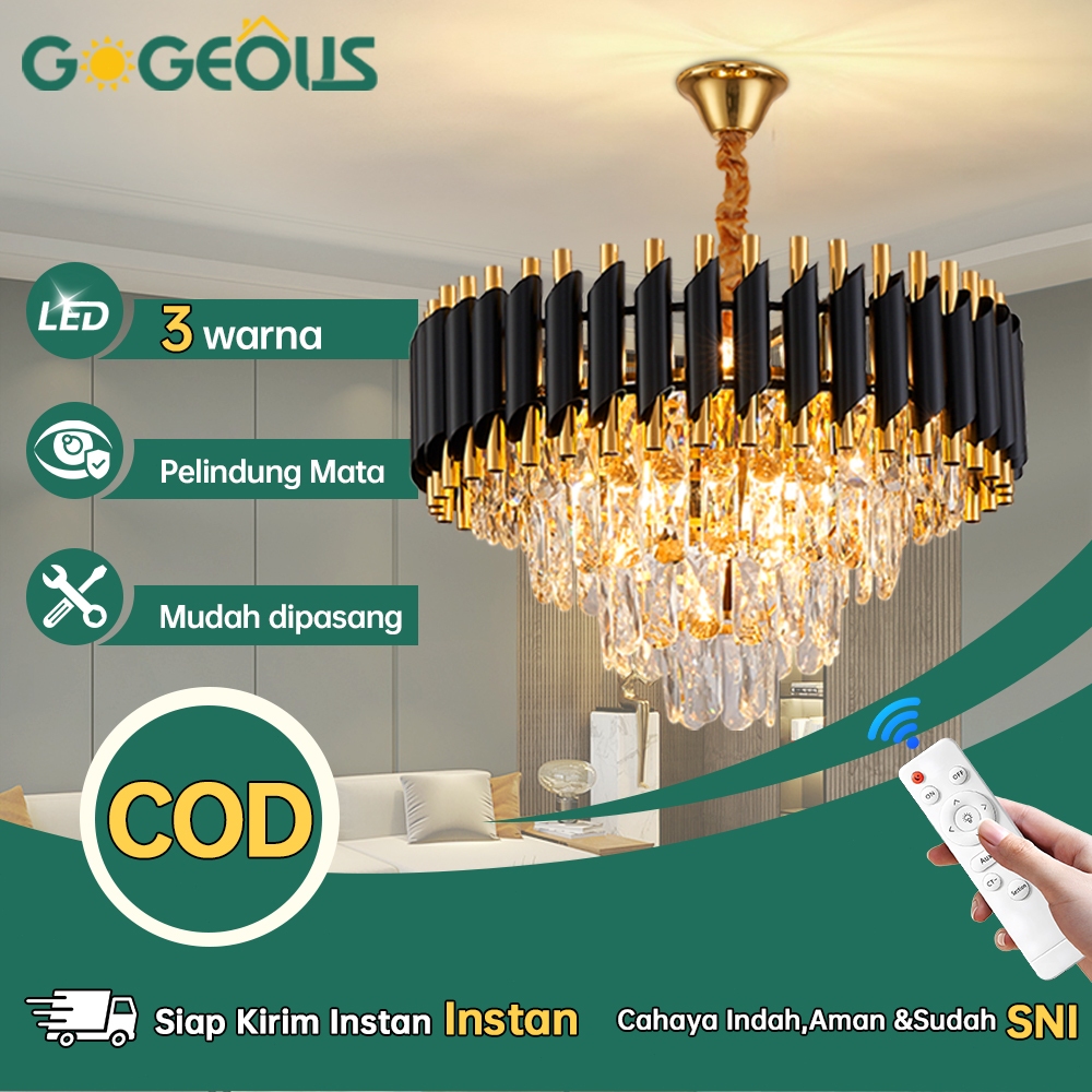 GOGEOUS Lampu Gantung Kristal Mewah LED 50CM 3 Warna Ruang Tamu Meja Makan Kamar Tidur Lampu Kristal