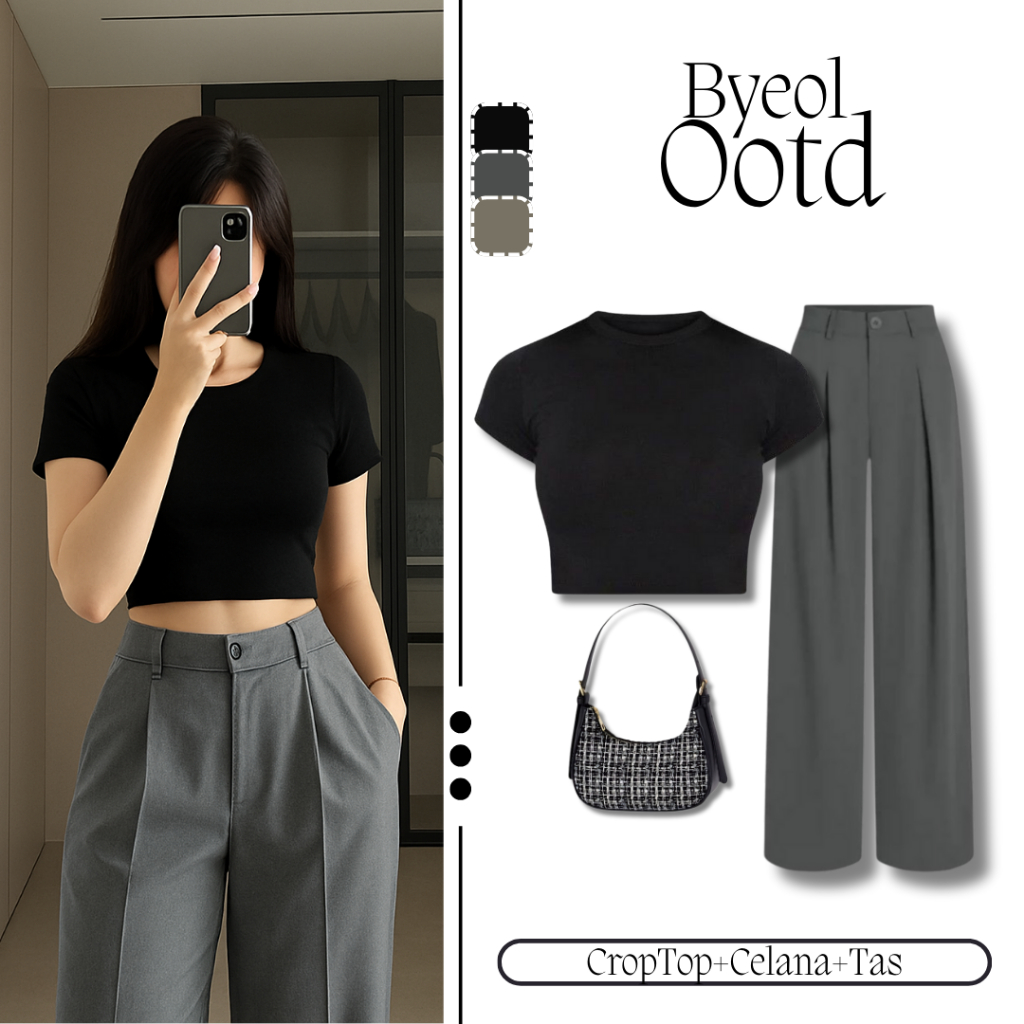 One Set Byol Simple Lagi Banyak Dicari [Crop Top+Celana Jennie+Tas] Setelan Jalan Santai/Hangout Kec