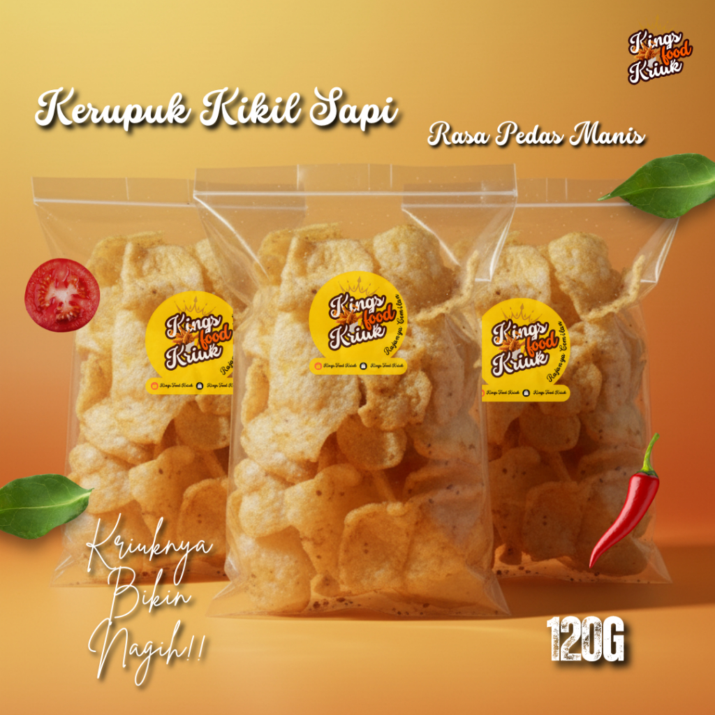 KINGS FOOD KRIUK - Cemilan Viral Kerupuk Kikil/Kulit Sapi 120G Rasa Pedas Manis 100% Renyah Gurih Sn
