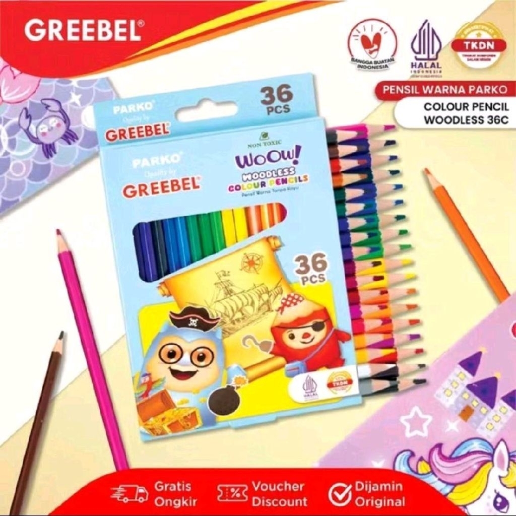 Pensil Warna 36 Warna Parko By Greebel / Pensil Warna Woodless Parko By Greebel 36 Warna Tebal