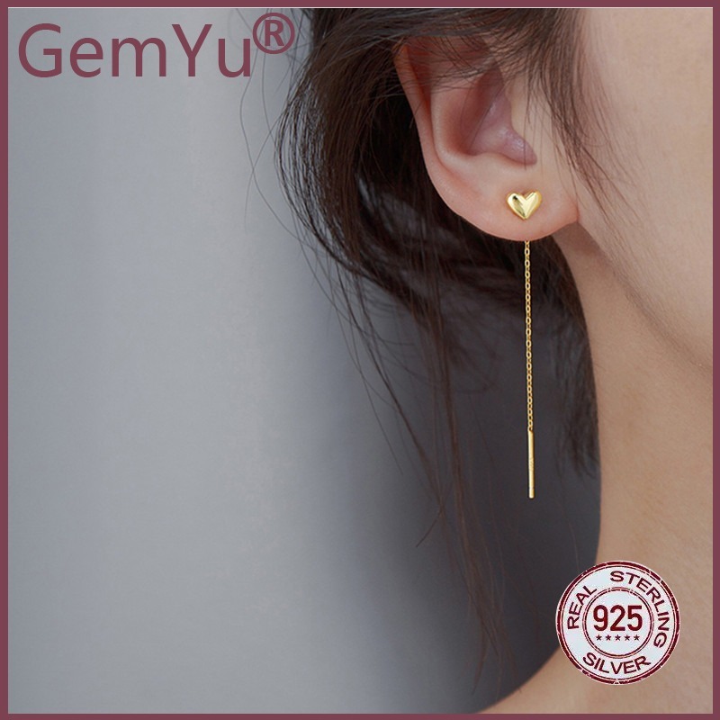 GemYu Anting Panjang Hati Mengkilap Emas Fashion Rantai Telinga Berbentuk Hati Tindik Telinga