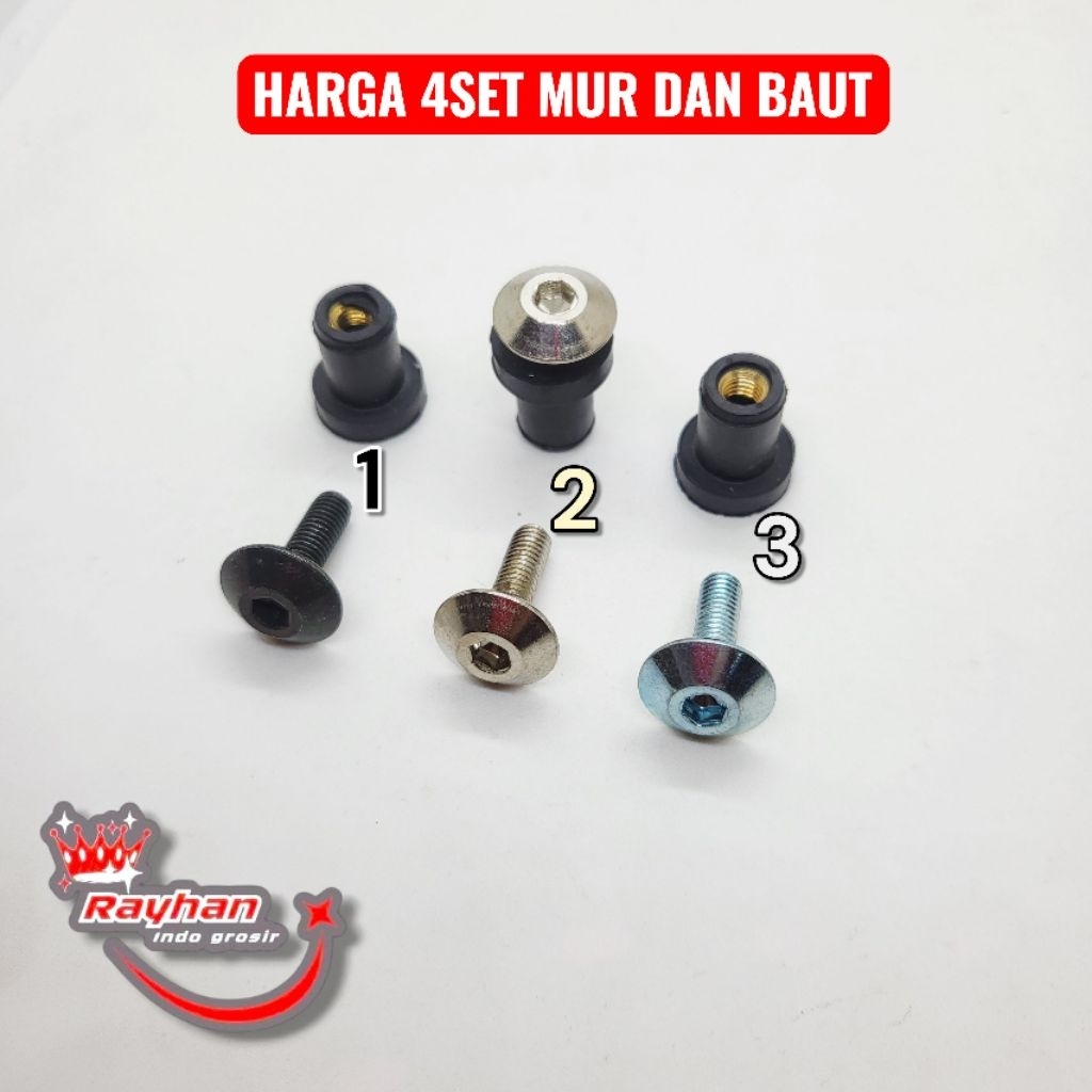 Baut L4 variasi warna dan Mur Karet Visor body Motor Xride X Ride Ninja Vixion Satria Aer....