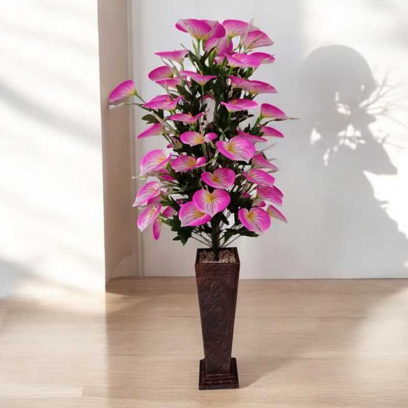 Rangkaian bunga anthurium / bunga Lilly pot kayu motiv ukir pajangan bunga sudut ruangan