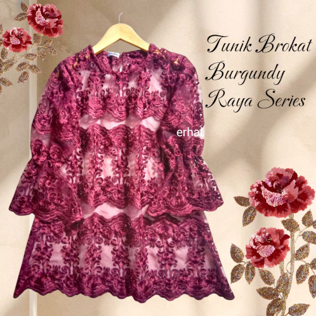Tunik Brokat Bordir Mewah Burgundy | Kebaya Wanita Brokat Modern untuk Kondangan & Wisuda