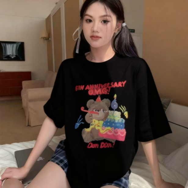 Kaos Katun 100% Wanita Trendi: Gaya Santai Korea, Motif Beruang Ulang Tahun Lucu Kreatif Oversize Ny