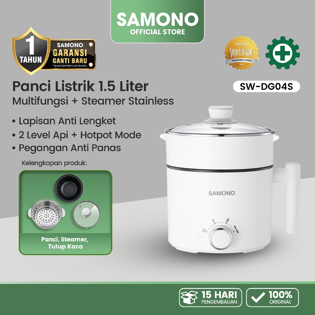 SAMONO DG04S Panci Listrik 1.5L Kukusan Stainless Steel Putih - LIVESAM04