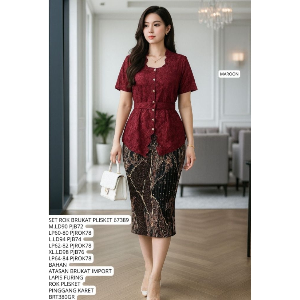 67389 Setelan Rok Brukat Plisket