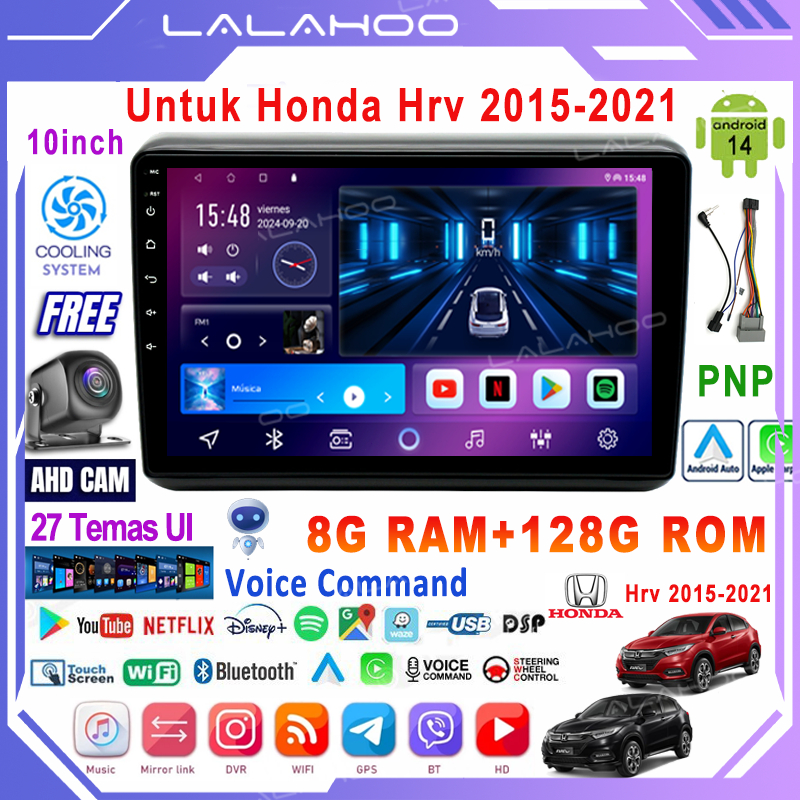 LALAHOO Untuk Honda HRV 2015-2021 8G+128G Android 14 Head Unit Termasuk Frame/PNP Soket 10 Inch
