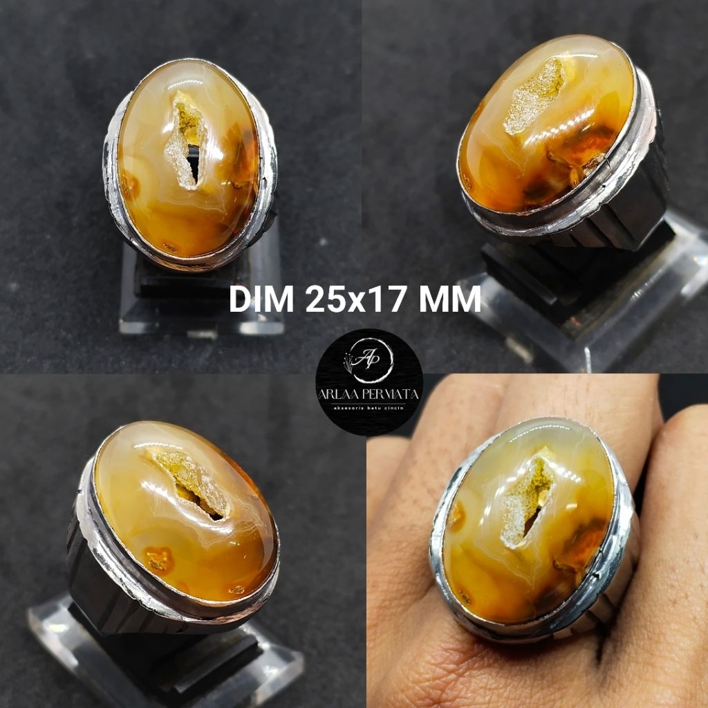 Cincin batu combong putih kantong Semar motif unik natural size jari 9