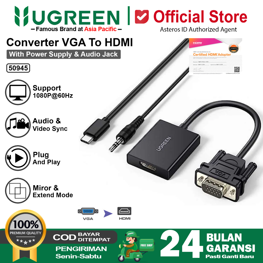 UGREEN Adapter Converter VGA Male To HDMI Female HD 1080p With Audio & Power Supply