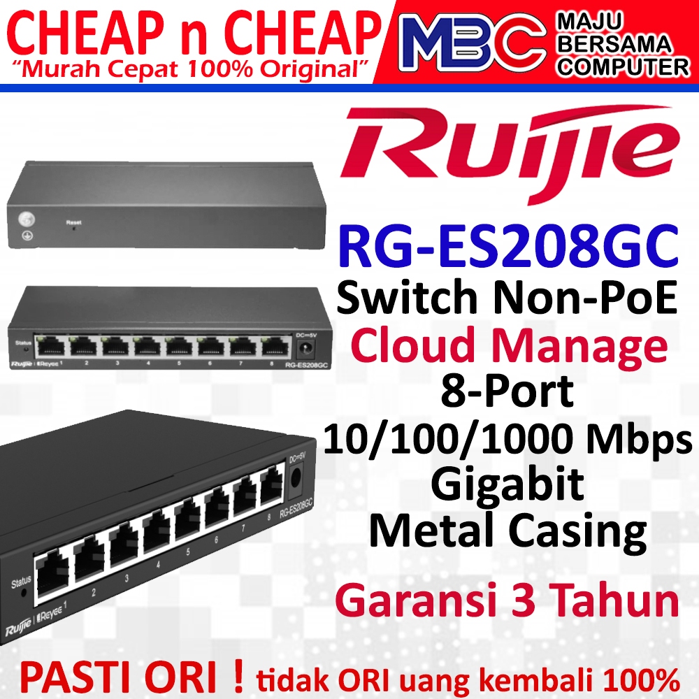 Switch 8 Port Ruijie RG-ES208GC Gigabit Smart Cloud Managed Non-PoE Switch Hub - 5 8 16 24 Port