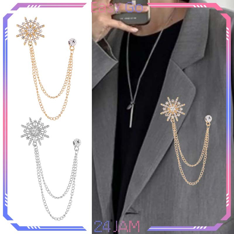 Pin Bros Jas Pria Wanita Bros Pin Rantai Jas Bros Kerah Kemeja Motif Kristal Salju Lapel Pin Bros Ja