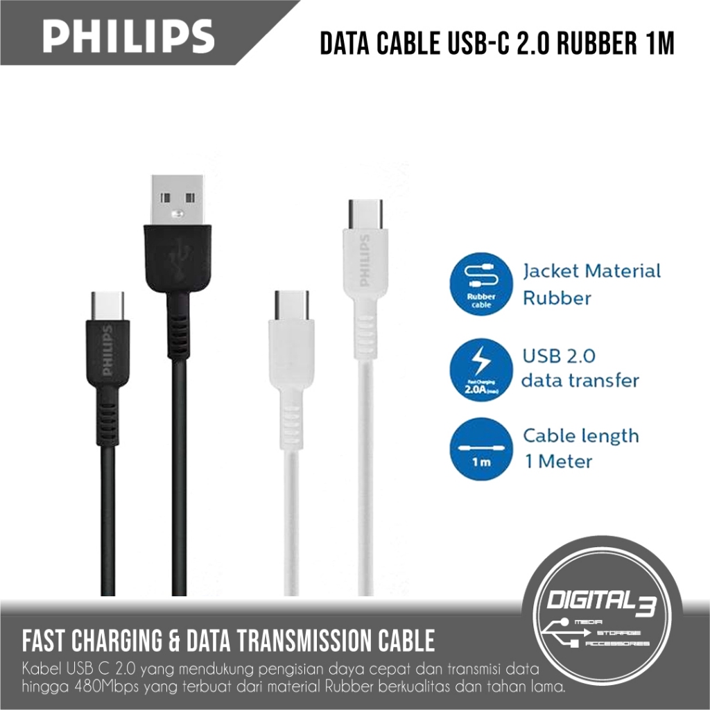 PHILIPS Cable Data Charger USB-C 2.0 DLC8602 C to C / DLC2528 USB-A to C Kabel Fast Charging Transfe