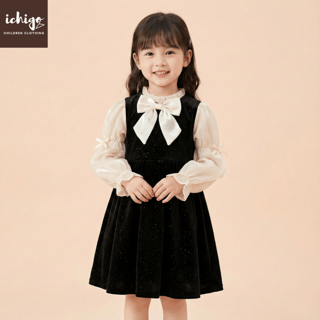 Gaun Dress Anak Perempuan Pesta Ulang Tahun Warna Hitam Krem Size 120-160