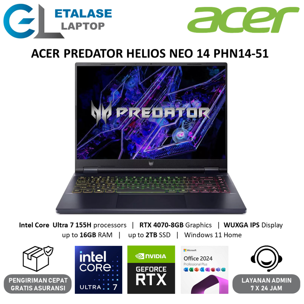 Acer Predator Helios Neo 14 Intel Ultra 7 155H 16GB DDR5 2TB SSD RTX4070 14.5 QHD+ 120Hz RGB Win 11