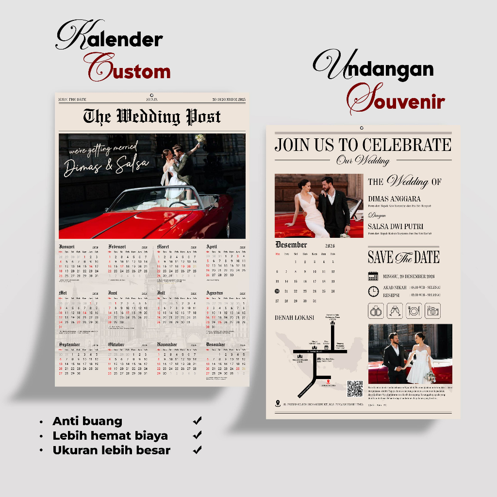 Kalender 2026 Custom Foto Glossy Undangan Pernikahan Souvenir Aesthetic Unik