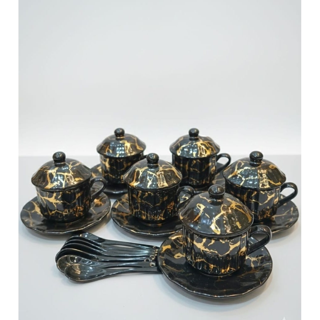 Set Cangkir Keramik Marmer Hitam Deluxe Fiorenza