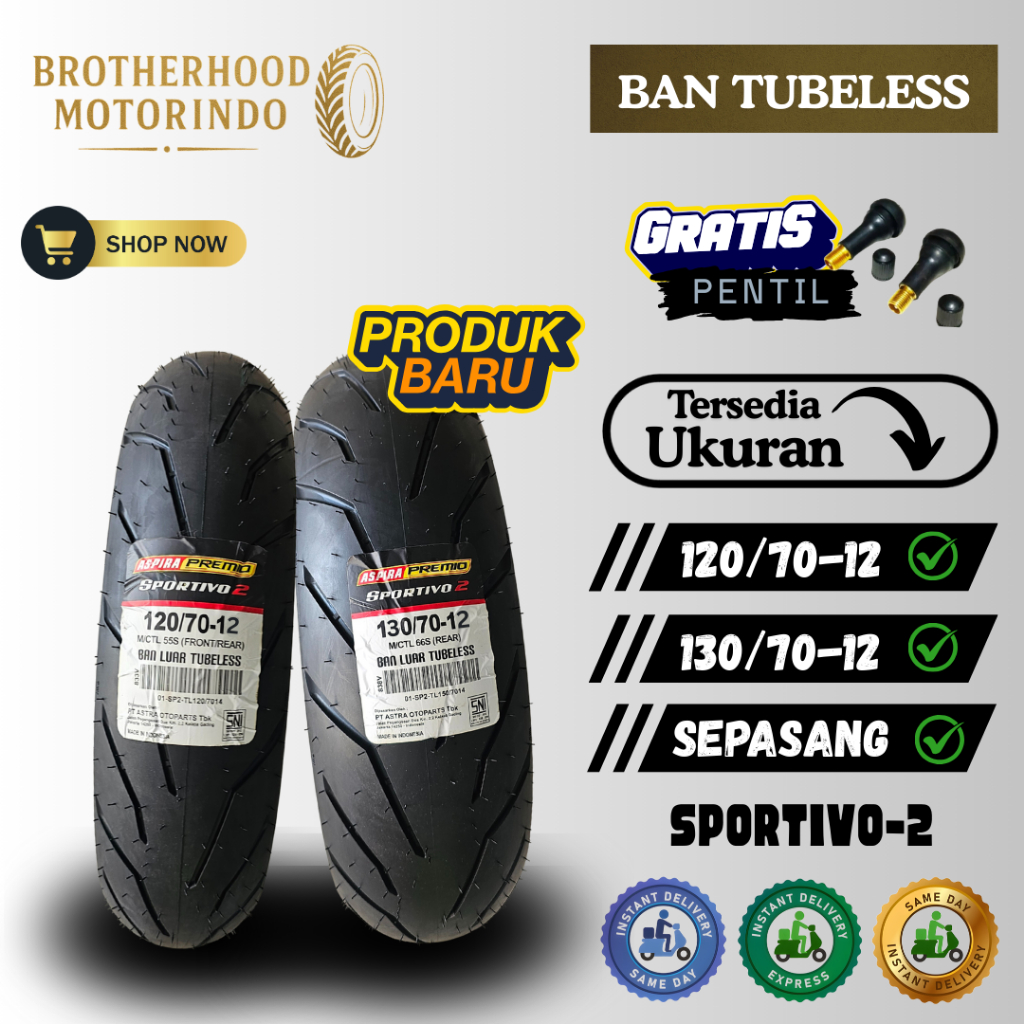 (PAKET SEPASANG) BAN ASPIRA TUBELES SPORTIVO 2  (120/70-12 / 130/70-12) BAN MOTOR MATIC / BAN RING 1