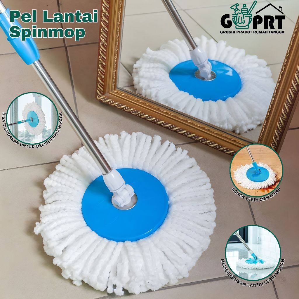 GPRT Alat Pel Spin Mop + Handle Set Stick Adjustable Alat Pembersih Lantai Serbaguna
