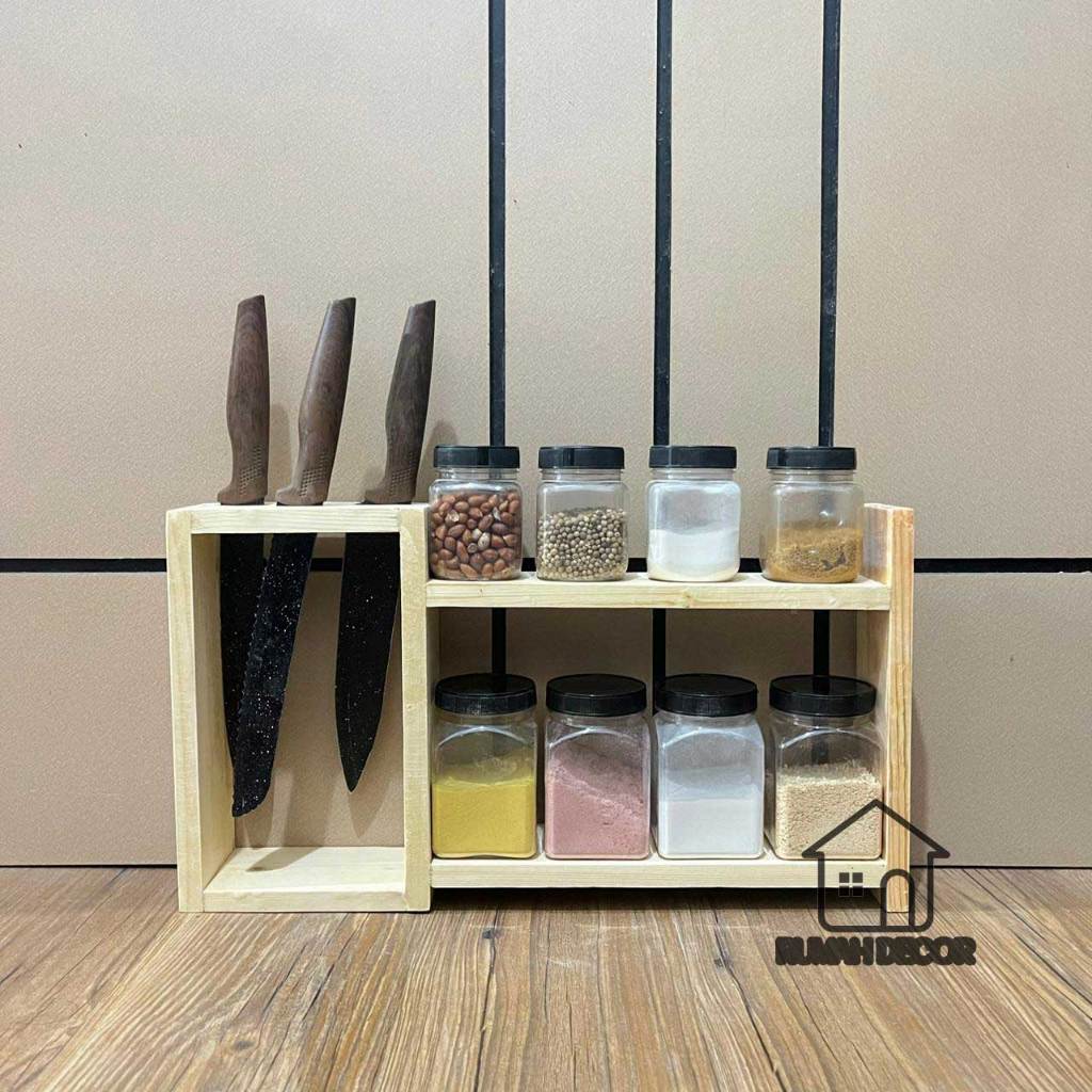 Rak bumbu dapur kayu set rak tempat pisau / rak pisau dapur kayu serbaguna