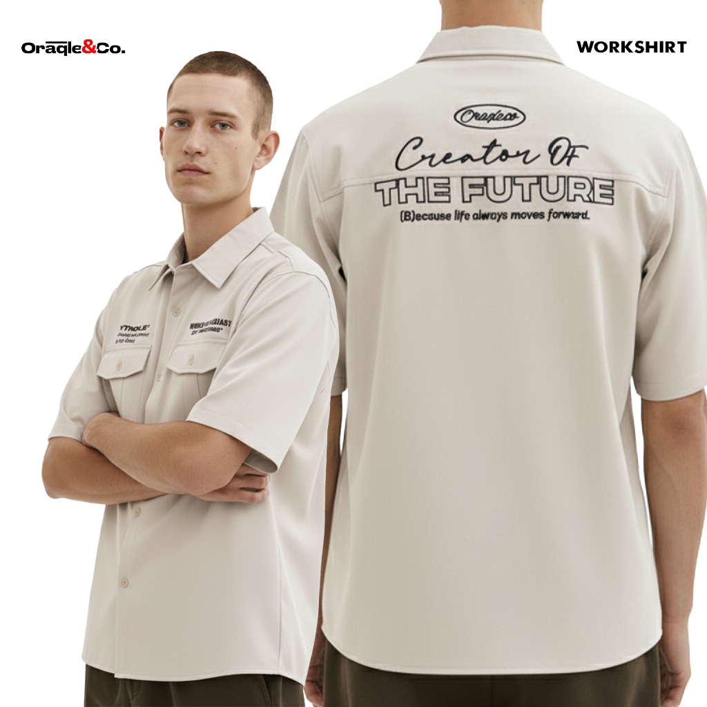 ORAQLE Workshirt  Kemeja Pria & Wanita Pendek BLUE,BLACK,CREAM,GREY, DRILL EMBROIDERY LIMITED EDITIO