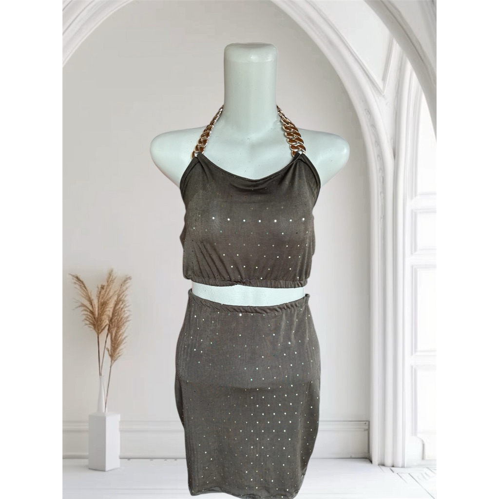 Setelan Mini Bisa Midi Tali Rantai Motif Elegan Crop Top Baju Penyanyi Panggung