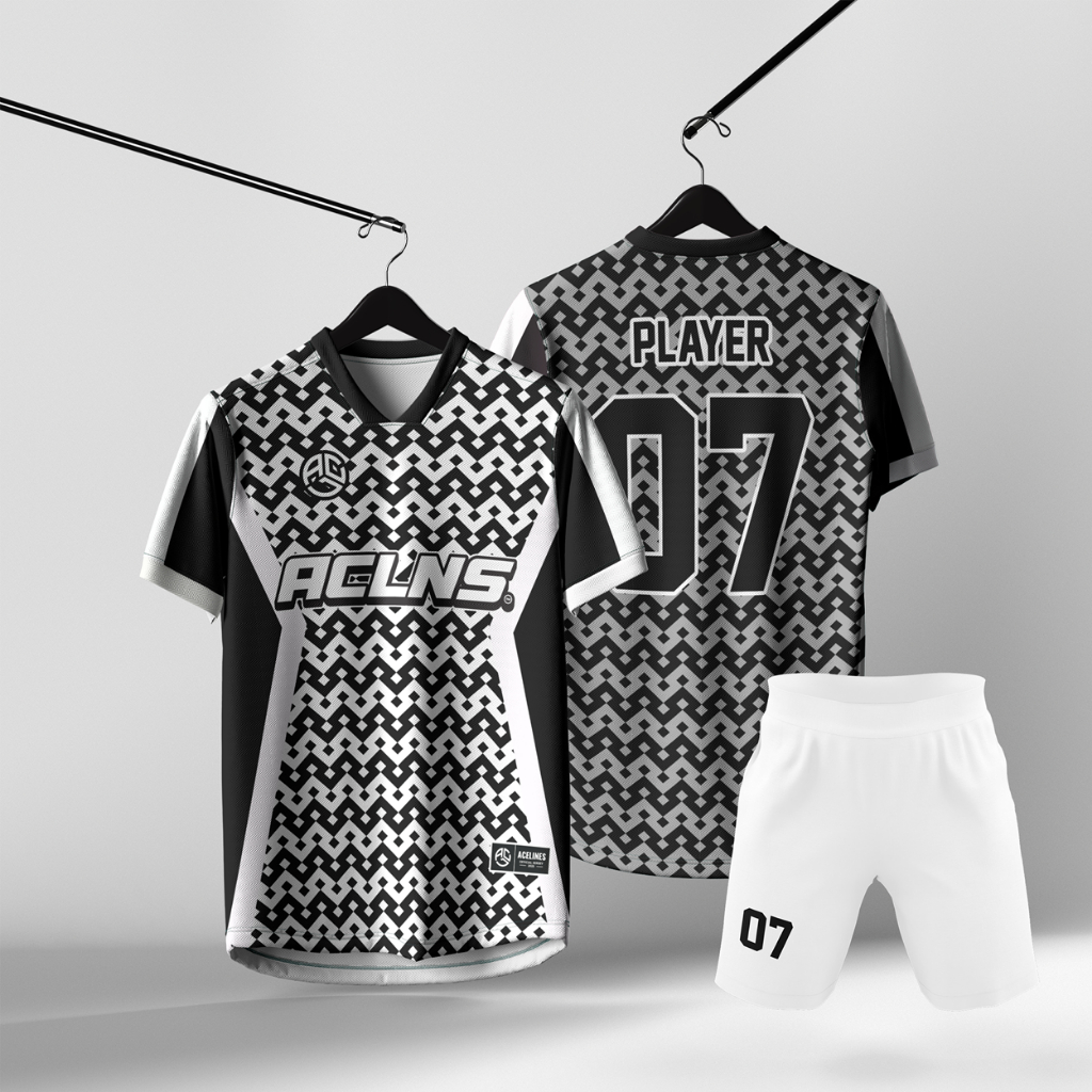Jersey Futsal Hitam Putih Motif Geometris Premium Bisa Custom Nama Nomor