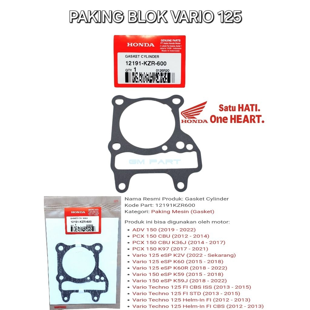 Paking Blok Vario 125 150 Original 12191-KZR-600