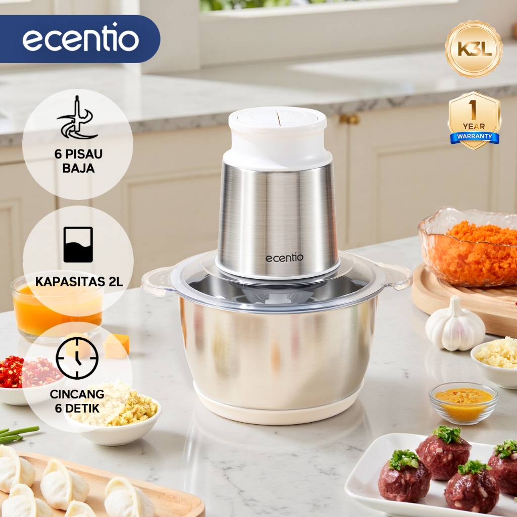ecentio food chopper stainless coper daging dan bumbu 2L food processor 6 Mata Pisau blender 250W pe