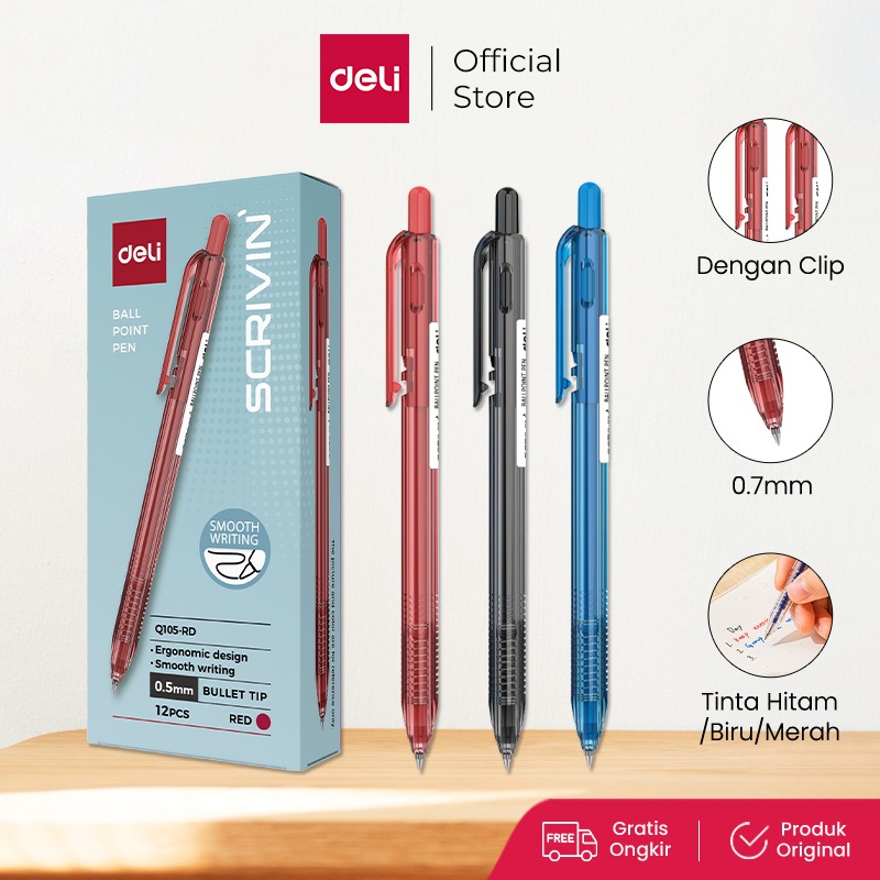 Deli Ballpoint Pen / Pulpen Bolpoin dengan Clip 0.7 mm Pena Retractable Penulisan Halus EQ105 1pcs