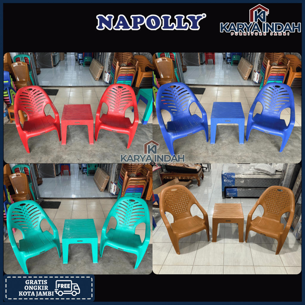 SET Kursi Santai Plastik NAPOLLY N932 + Meja Plastik MAPAN 45 / 7045 Bangku Teras / Cafe Polos
