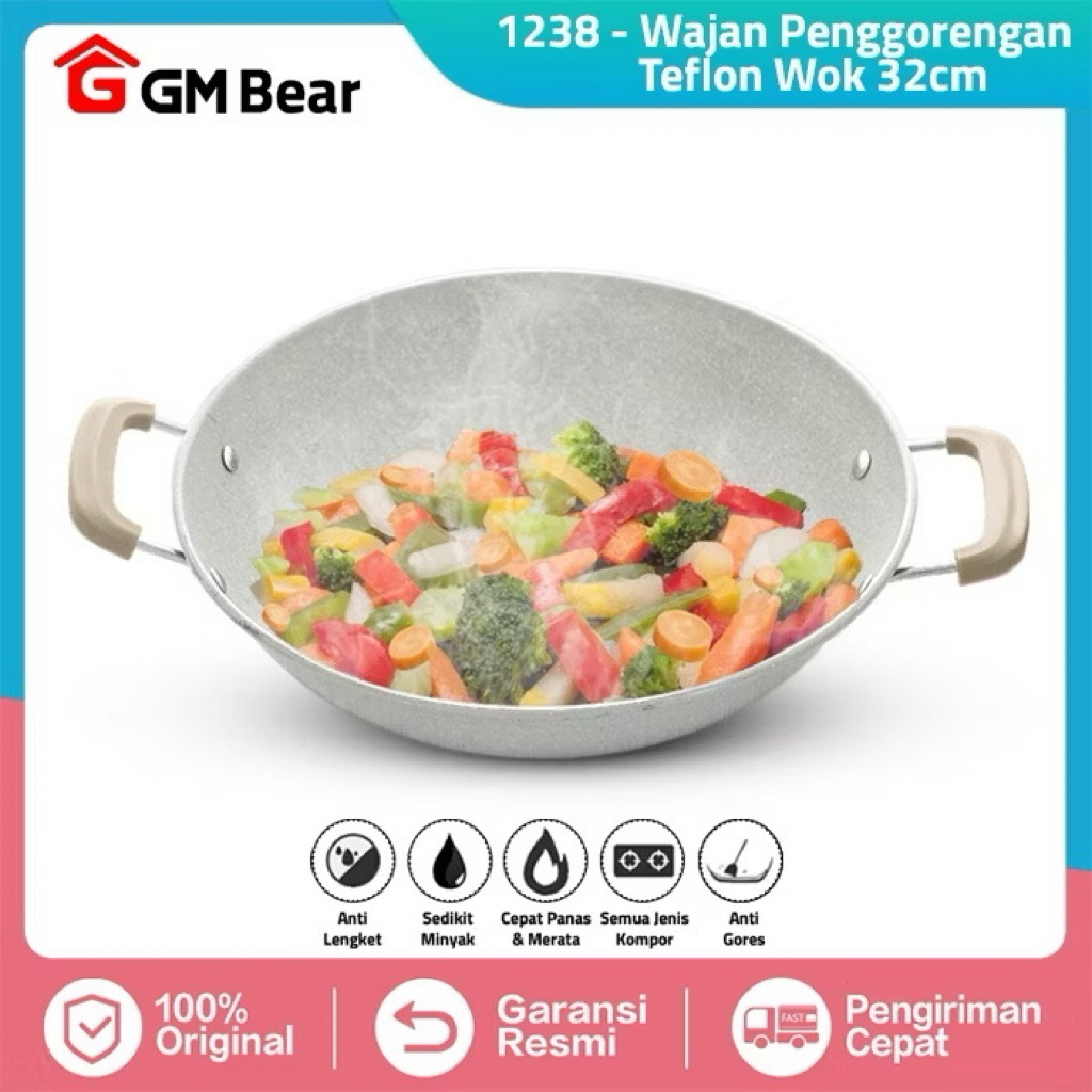 INSTANT GM Bear Wajan Penggorengan 32cm 1238 - Kuali Wok Pan - Anti Lengket Granit Kombinasi Alat Ma