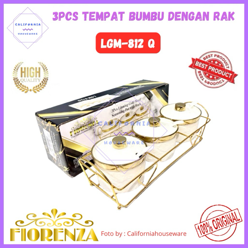 DISKON HEMAT Tempat Bumbu Keramik Dengan Rak FIORENZA / 3pcs Tempat Bumbu Keramik FIORENZA