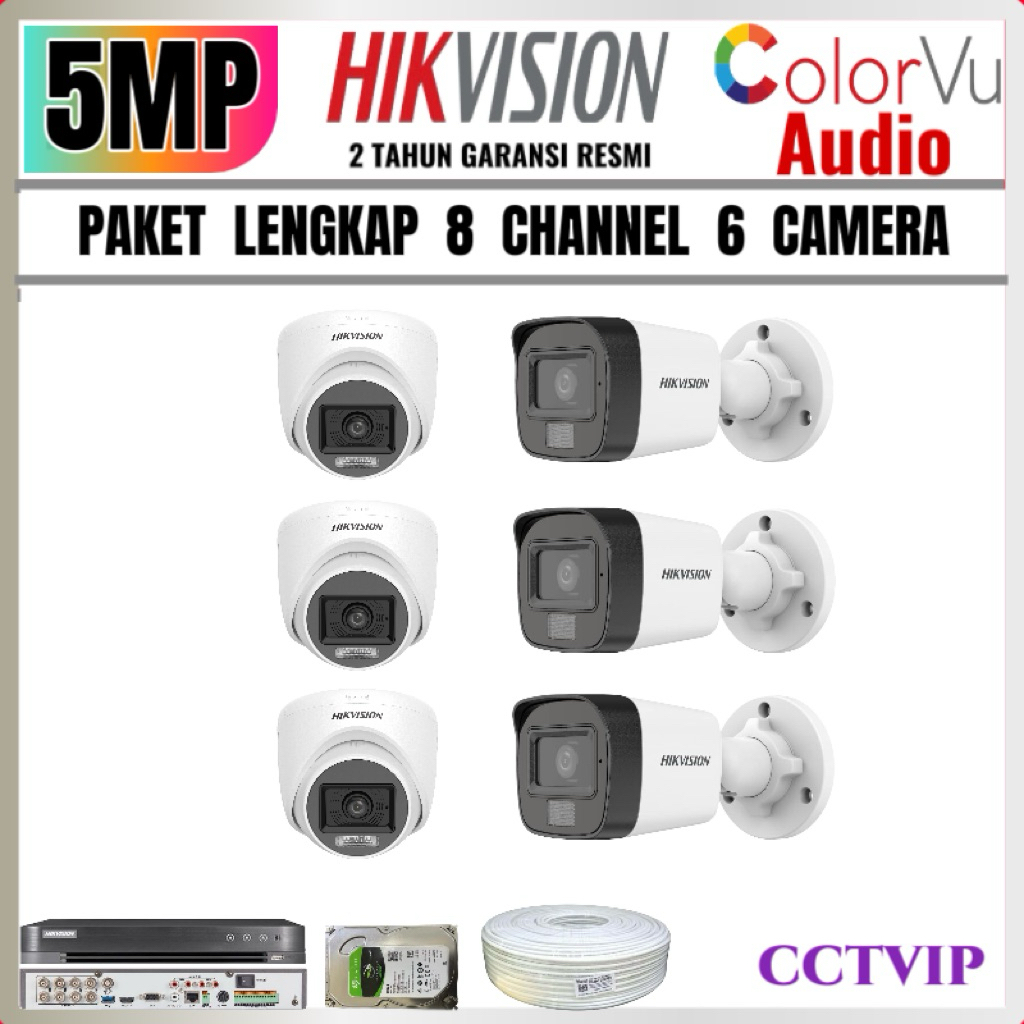 PAKET  KOMPLIT  HIKVISION  6  KAMERA  5MP  COLORVU  AUDIO