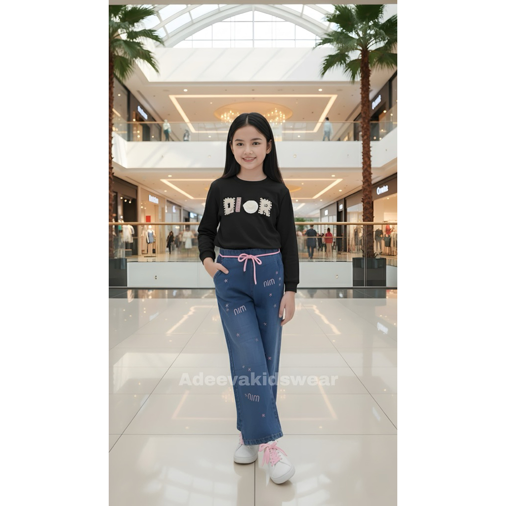 [COD] SETELAN KULOT BORDIR MIN-MIN SIZE 120-160 PREMIUM - SET JEANS KULOT ATASAN SERUT ANAK PEREMPUA