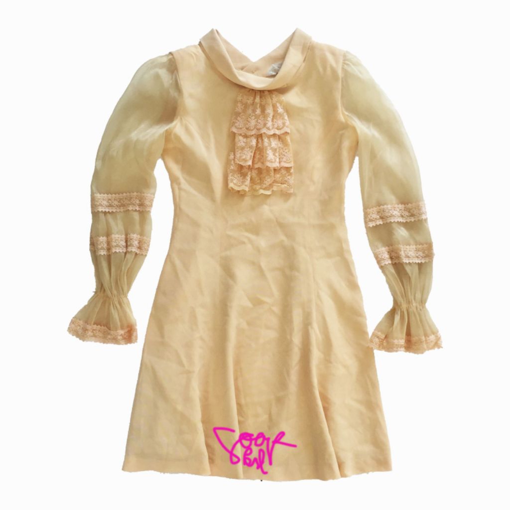 Vintage 70's Genesoir Victorian Yellow Mini Lace Dress