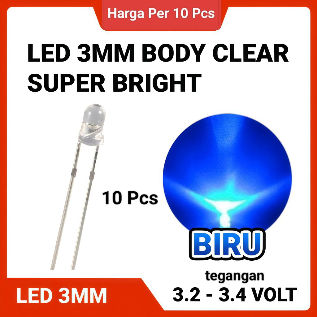 10 PCS Lampu LED 3mm bening LED (Light Emitting Diode) 3 mm warna  cahaya BIRU