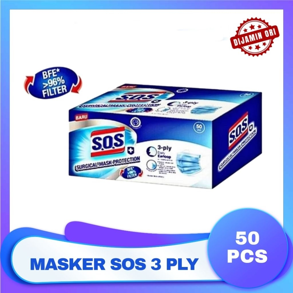 Masker 3ply Earloop 50 pcs SOS Surgical Mask