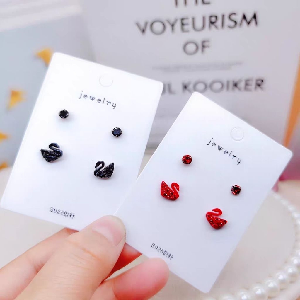 Anting wanita cantik set 2 titanium korean fashion anti karat motif angsa permat zirqan warna gold