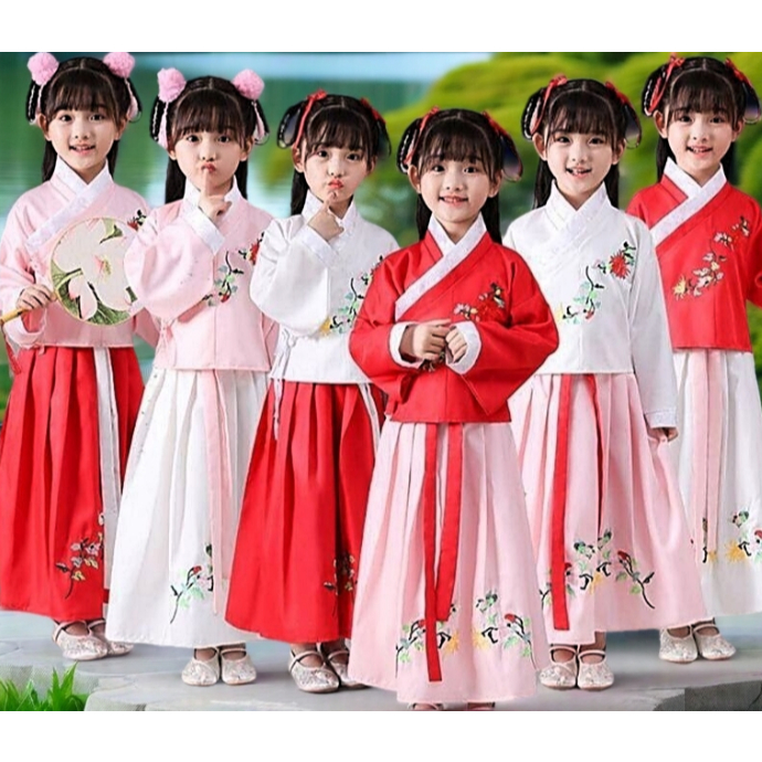 Hanfu rok sma smp/dress merah pink etnik/Remaja wanita kostum atasan rok kostum china anak