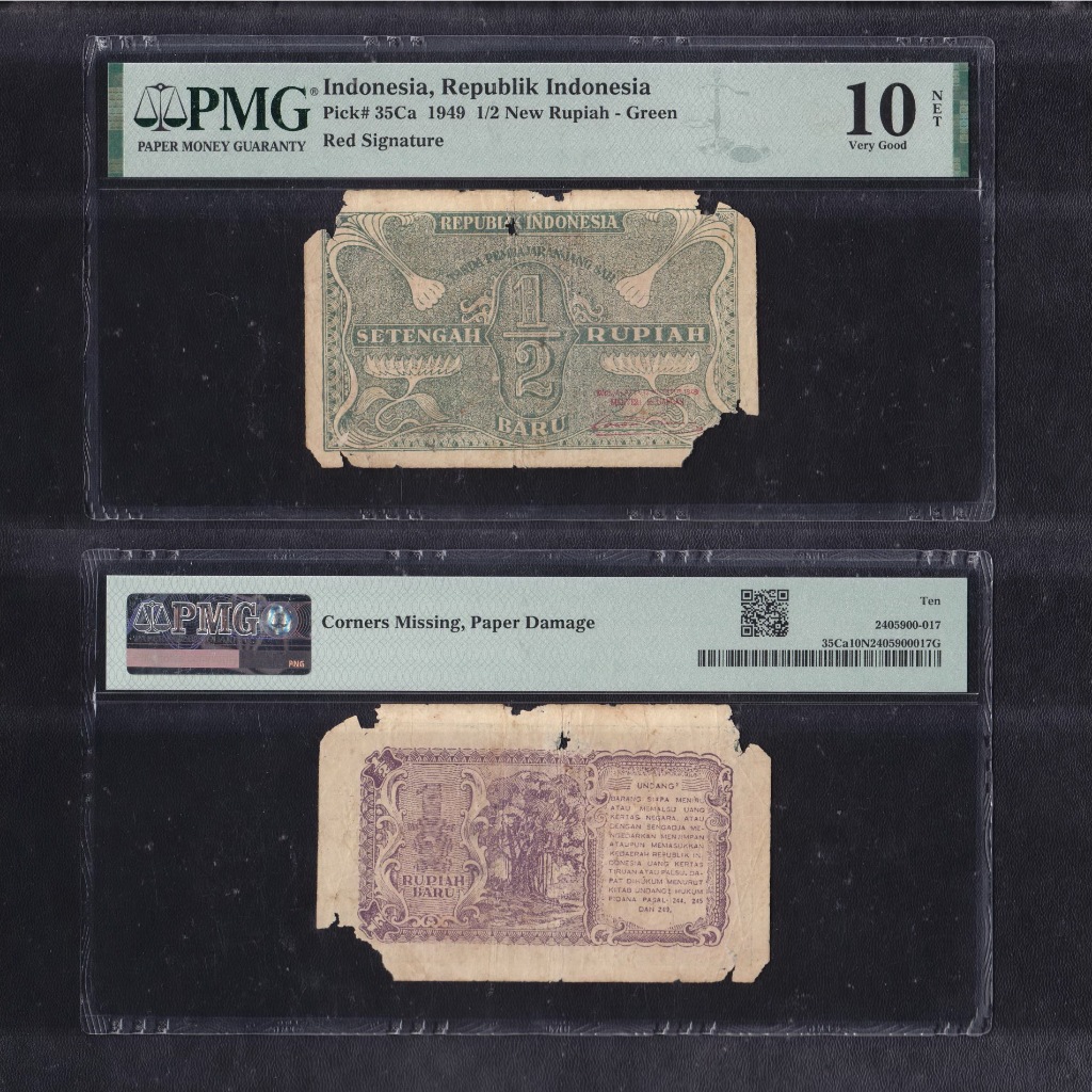 Uang kuno PMG 10 NET - ½ (setengah) rupiah tahun 1949 ORI-baru #variasi hijau dengan cap merah