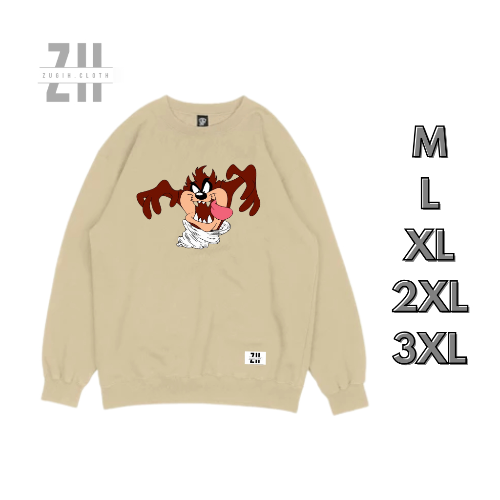ZUGIH Sweater Crewneck TAZMANIA Jumbo Bigsize M L XL XXL XXXL Pria Wanita Cream