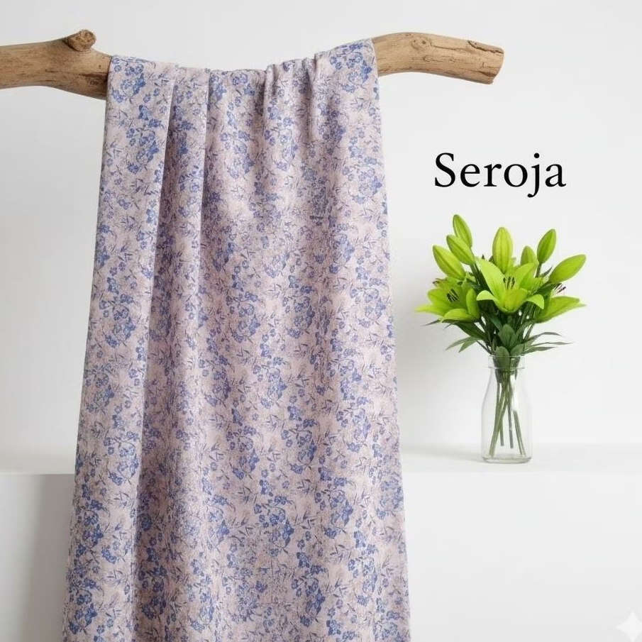 Kain Sifon Ceruty Motif Bunga Mini Baby Blue / Bahan Dress Gamis Jilbab Printing Rm